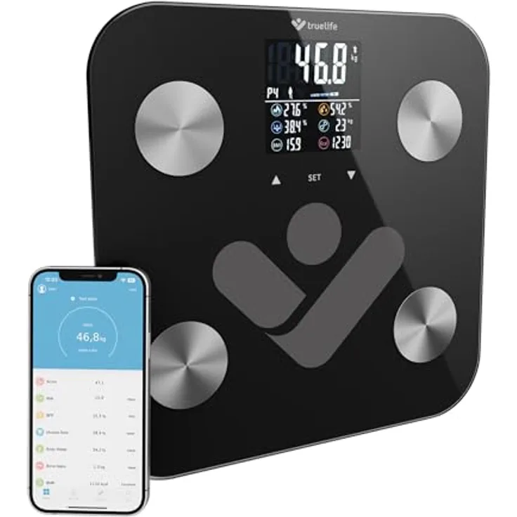 TrueLife FitShape S6 BT, Digitale Bluetooth Personenwaage mit farbigem LCD-Display, 19 Messdaten, bis zu 8 Benutzer, Körperfett- und Muskelmasseanalyse, Schwarz