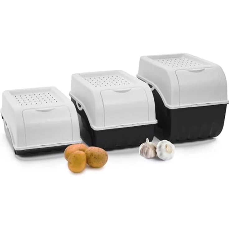 Novaliv Kartoffel Aufbewahrungsboxen Set | 3,5L + 5L + 9L | Weiß | Stapelbare Gemüseboxen für Kartoffeln, Zwiebeln und Obst – Bild 1
