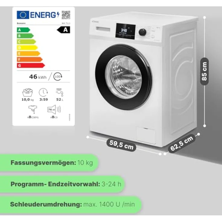 Bomann® Waschmaschine WA 7111 10kg | max. 1400 U/min | 16 Programme | Bürstenloser DC-Motor | Endzeitvorwahl | Zulaufschlauch-Sicherheitssystem | Washing Machine in Weiß – Bild 3