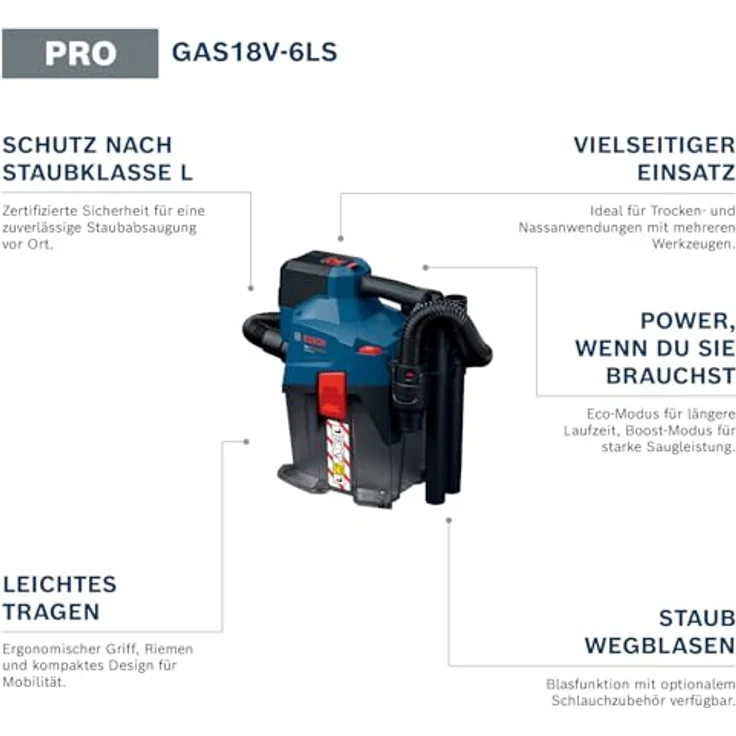 Bosch Professional Akku-Staubsauger GAS18V-6LS, tragbarer 18V Nass- und Trockensauger mit halbautomatischer Filterreinigung und Eco-Modus – Bild 3