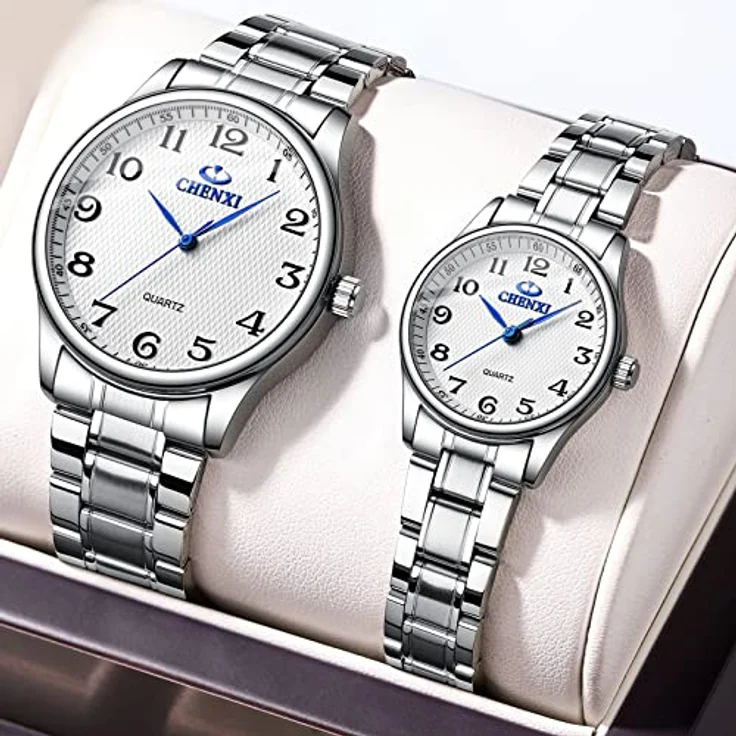 JewelryWe Paar Uhren Analog Quarz, 30M wasserdicht, Edelstahlarmband, klassisches Design mit digitalem Zifferblatt, weiß – Bild 3