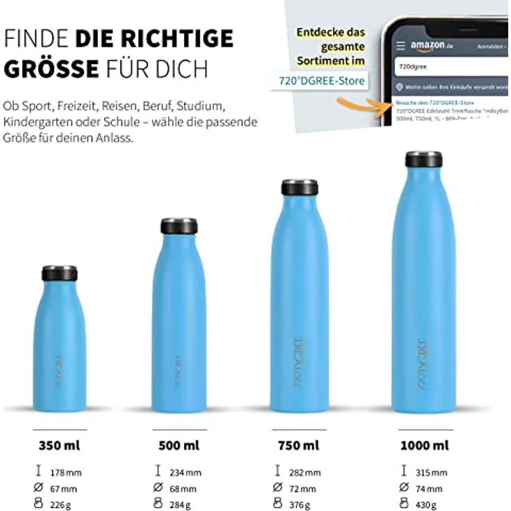 720°DGREE Trinkflasche Edelstahl Doppelwandig 750ml Isolierflasche milkyBottle sky blue matt – Bild 3
