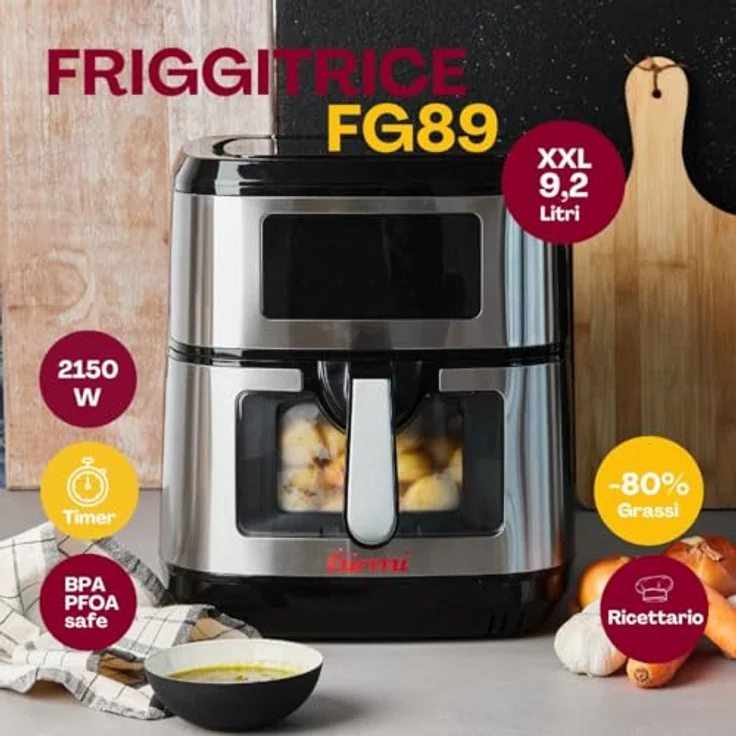 Girmi FG89 "EcoFrit XXL" Luftfritteuse mit Fenster, 9,2 Liter, 2150 W, Timer, Schwarz/Stahl – Bild 2