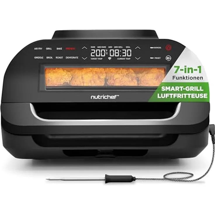 Nutrichef Indoor Smokeless Grill, Smart Grill & Heißluftfritteuse mit 7 Kochfunktionen, 6L Kapazität, Smart-Thermometer, präzise Temperaturkontrolle, abnehmbare Antihaft-Grillplatten