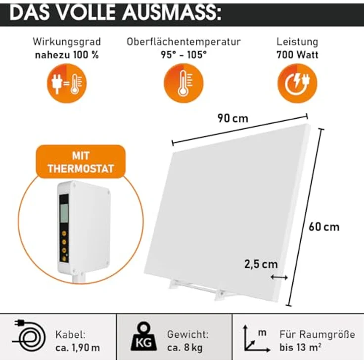 BRAST® Infrarotheizung mit Thermostat | IP-TH 700 | 700 Watt | Made in Europe | hoher Wirkungsgrad | Ultraflache Bauweise – Bild 2
