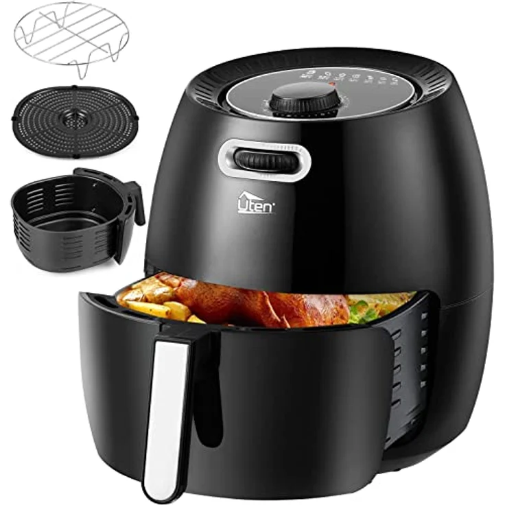 Uten Heißluftfritteuse, 6.5L Airfryer XXL Heissluftfriteuse ohne Fett Friteuse Mit Ständer, No stick Korb, Einstellbare Temperatur und Timer,Vorheizen, PDF-Rezepte,1800W, Black – Bild 1