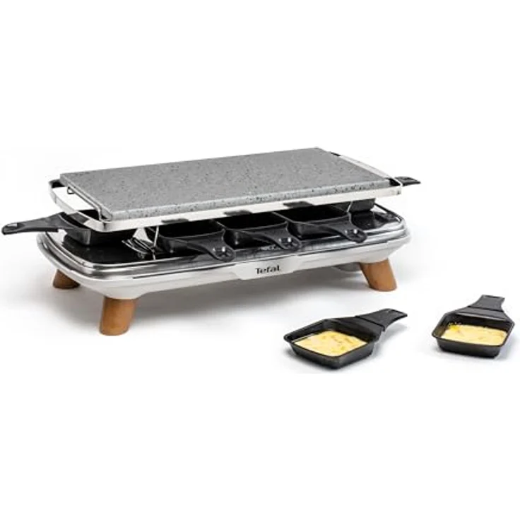Tefal Pierrade Gourmet Raclette PR620D12, 2-in-1 Steinrake mit 1350 W, 8 Maxi-Tiefschalen, grau mit Holzoptik Füßen – Bild 1
