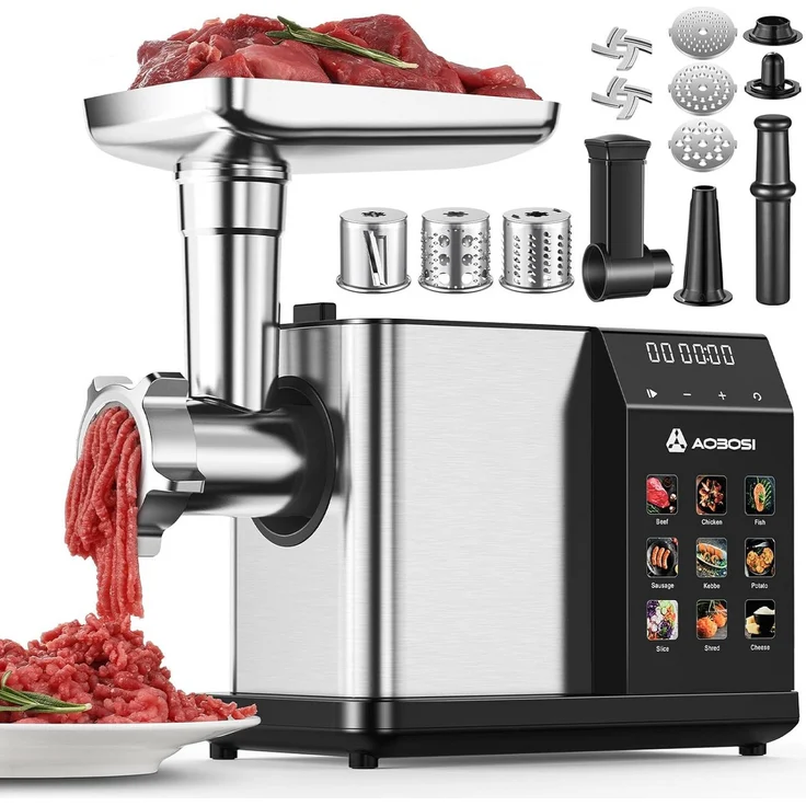 AMZCHEF Fleischwolf CE-AZ-MG10OT2C-SV, 3000 W mit LED-Anzeige, 9 Geschwindigkeitsstufen, Anti-Verstopfungs-Technologie, Edelstahlklingen und integrierter Aufbewahrung