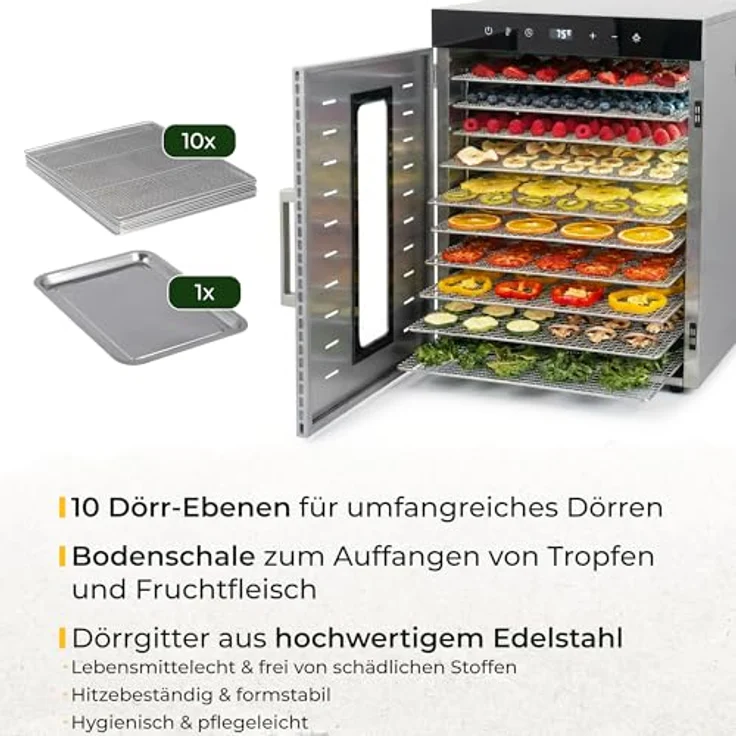 KLAMER Dörrautomat XXL 1000W, 10 verstellbare Etagen, 24h Timer, 30–90°C Temperaturregelung – Bild 3