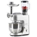 Klarstein Lucia Argentea Küchenmaschine, 1200W, 5L Schüssel, inkl. Fleischwolf, Mixbecher, Rühr-und Knethaken und Pastaaufsätzen, silber