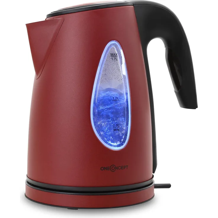 oneConcept TKV-SS17-Red Design Wasserkocher kabellos leistungsstark mit stylisch blauen LED-Lichteffekt, 2200 W, 1.7 Liter, Cool Touch, rot