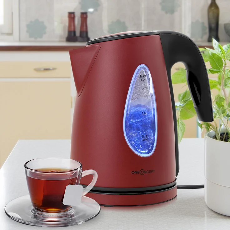 oneConcept TKV-SS17-Red Design Wasserkocher kabellos leistungsstark mit stylisch blauen LED-Lichteffekt, 2200 W, 1.7 Liter, Cool Touch, rot – Bild 5