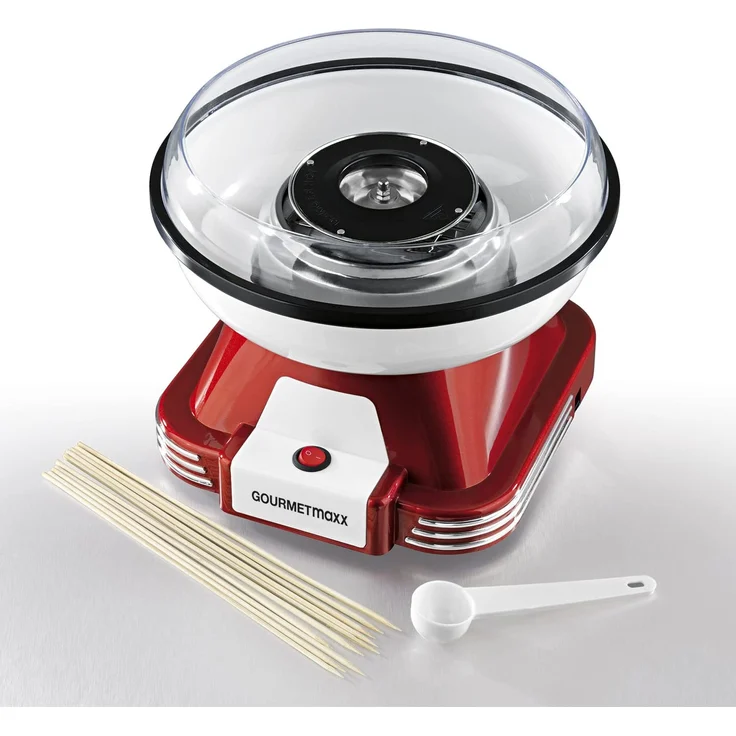 Gourmet Maxx Zuckerwatte-Maschine, 500 Watt, inkl. Stäbchen, Messlöffel und Sprizschutz, Retro-Design, herausnehmbarer Behälter, Gehäusematerial Edelstahl und Kunststoff, rot – Bild 4