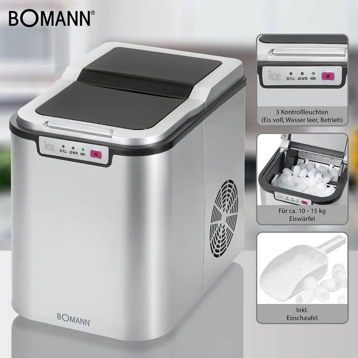 Bomann EWB 1027 CB Eiswürfelbereiter, ca. 10 kg Eiswürfel in 24 Std., LED-Anzeige und Signalton bei vollem Eiswürfelbehälter und leerem Wassertank, Abschaltautomatik, Signalton, Kontrollleuchte, silber – Bild 4