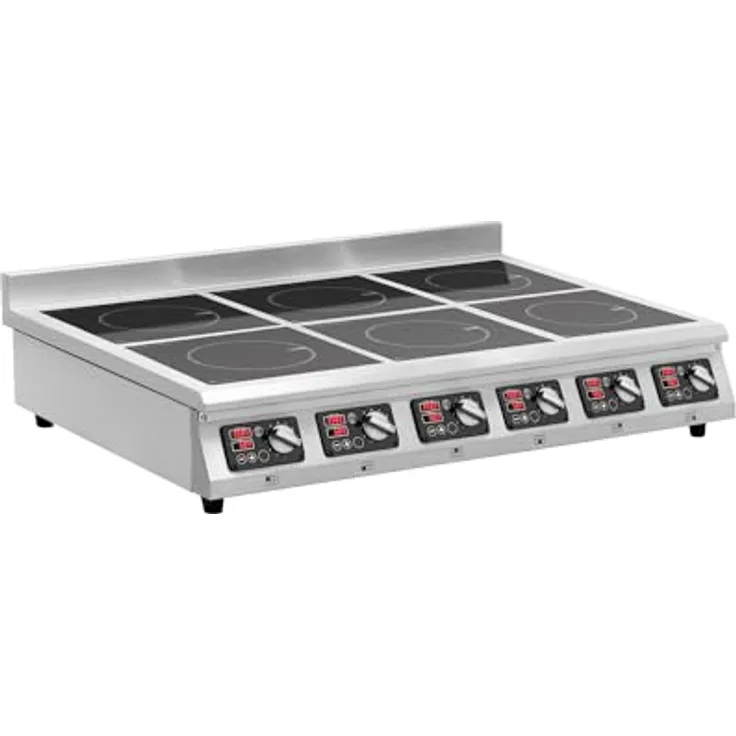 Royal Catering Induktions-Kochfeld RCIC-6006T, 6 Kochflächen à 28 cm, 21 kW, 10 Leistungsstufen, 24-h-Timer, Edelstahl und Kristallglas