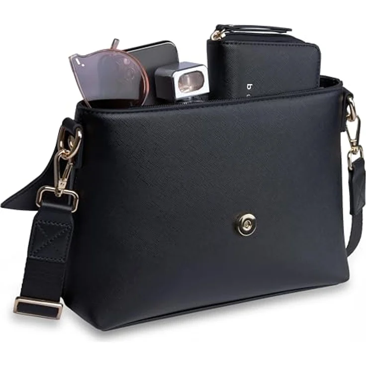 Bugatti ELLA Schultertasche, Umhängetasche aus Saffiano-Art Kunstleder mit verstellbarem Schultergurt, rot akzentuiert, 27 x 9 x 20,5 cm – Bild 4