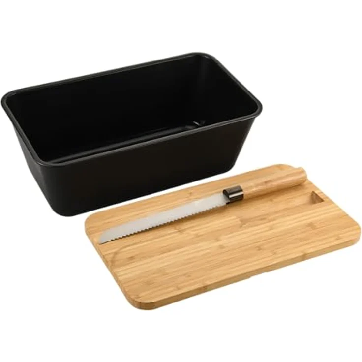 Kesper Brotbox mit Messer, Schneidebrett aus FSC-zertifiziertem Bambus, Maße: 34,8 x 20 cm, Spülmaschinengeeignet, Schwarz/Braun – Bild 2