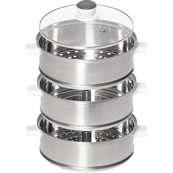 KeMar Kitchenware KFS-3000 Dampfgarer, Hot Pot, Fondue mit Touch Display, Edelstahl, 3 Dampfkörbe, 4 Programme, 30 Minuten bis 12 Stunden Timer, inkl. XXL Dämpfkorb – Bild 5