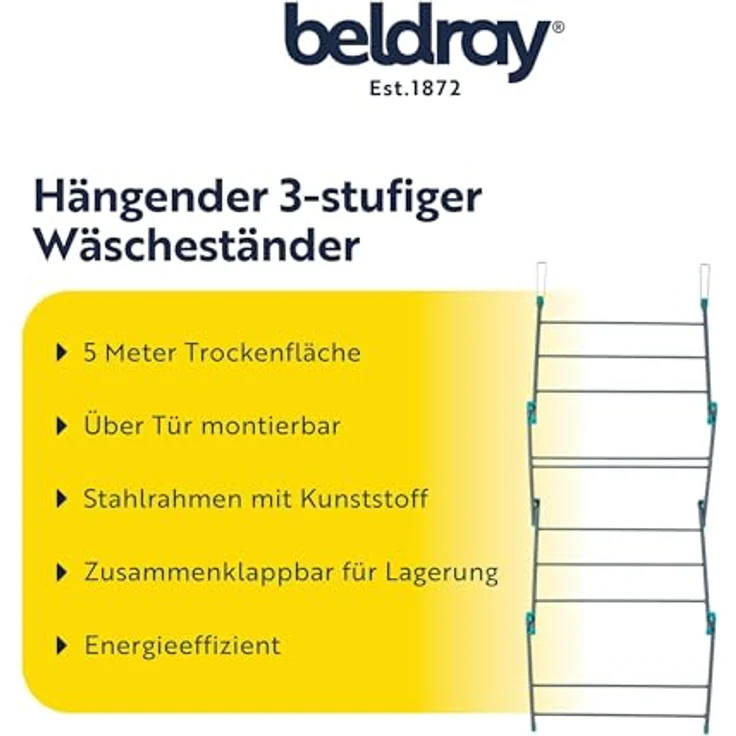 Beldray LA081117EU7 Hängender 3-stufiger Wäscheständer, platzsparender über Tür Wäschetrockner mit 5m Trockenraum, grau-türkis, 4kg maximale Kapazität – Bild 2