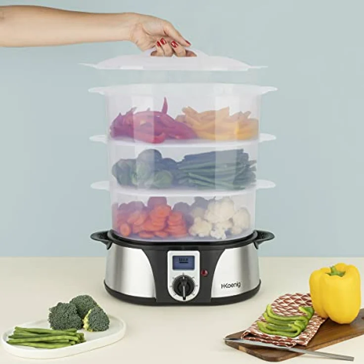 H.Koenig VAP12 Dampfgarer - 3 Garschüssel - 12 L Fassungsvermögen - Timer - 1000 W - LCD-Anzeige - Edelstahl - schwarz – Bild 6