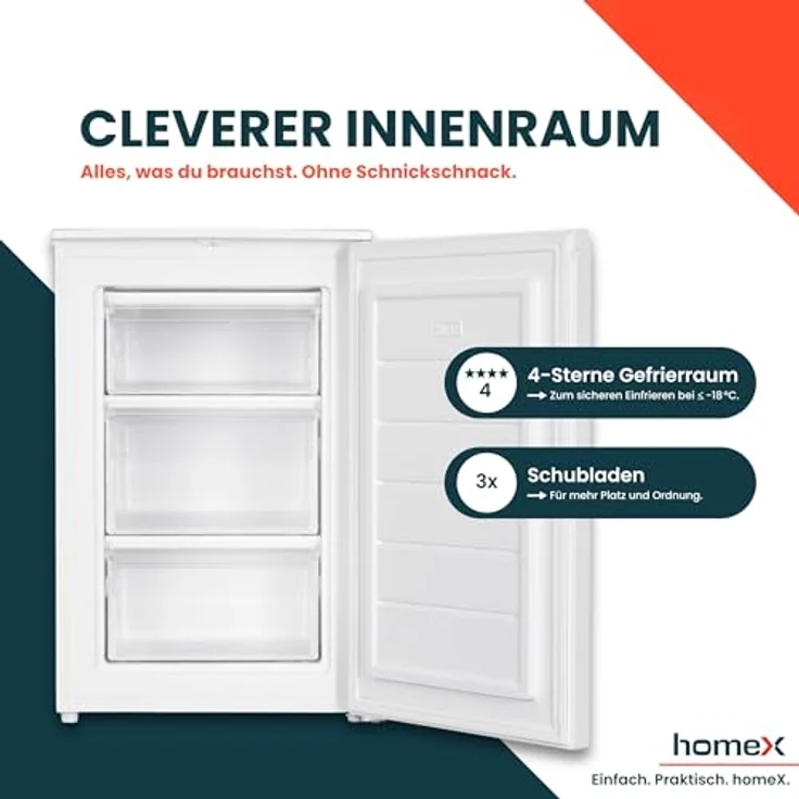 homeX FS871E-W Gefrierschrank, 4-Sterne Tiefkühlschrank mit 87L Nutzinhalt, kompakt, freistehend, leise, weiß – Bild 3