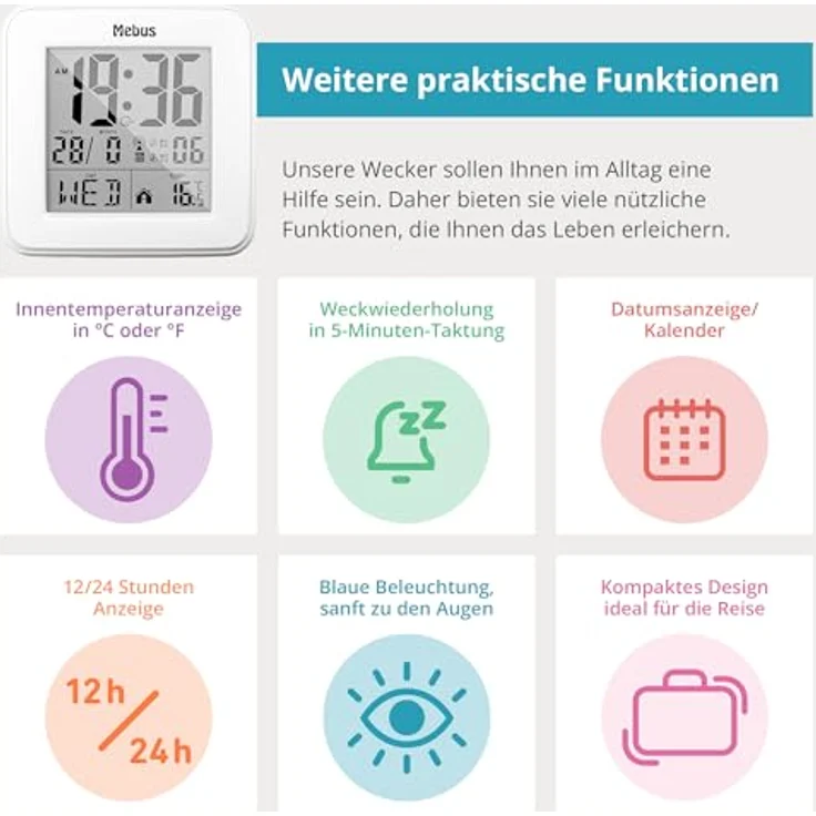 Mebus Digitaler Funk-Wecker Modell 25594, Temperaturanzeige, Hintergrundbeleuchtung, Kalender, kompakt und stabil, Schwarz – Bild 3