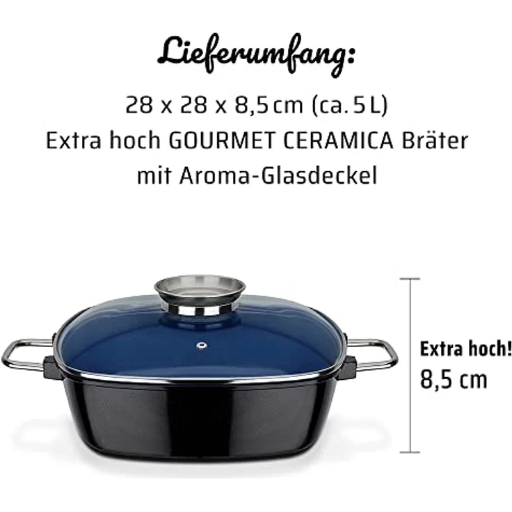 GSW 167413 Ceramica Kobaltblau Induktion Viereckbräter mit Aroma-Glasdeckel 28x28x8,5cm - ca. 5,0 Liter, Aluguss, schwarz-blau, 28 cm, 2-Einheiten – Bild 8