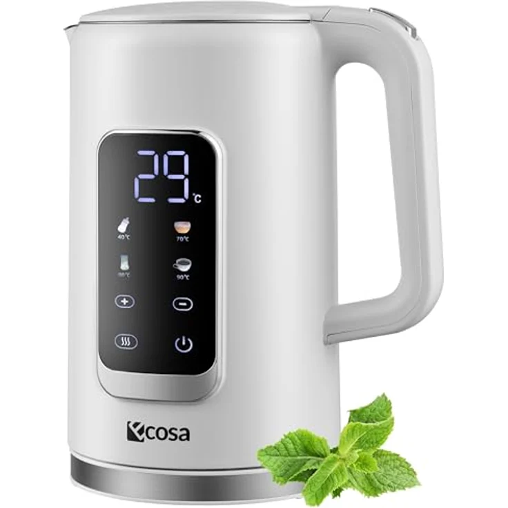 ecosa Wasserkocher Edelstahl mit Temperatureinstellung 1,7 Liter 2200 Watt Teekocher BPA FREI LED Display Warmhaltefunktion (Wanda White) – Bild 1