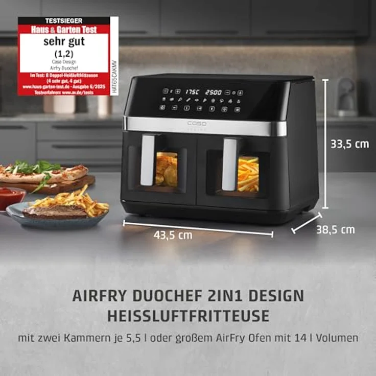 Caso Heißluftfritteuse 3186 Design AirFry DuoChef, 14 l Dual-Kammer, 2200 W, energiesparend und schnell – Bild 2