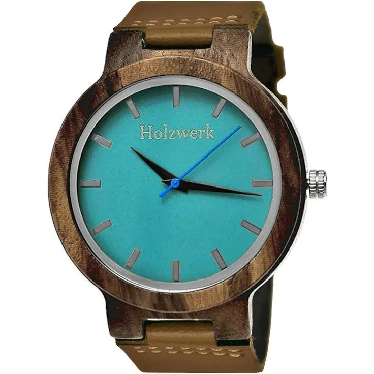 Holzwerk Quarzuhr NAILA Damen & Herren Leder & Holz Armband Uhr, braun, türkis blau, Holzgehäuse, Echtleder Armband, Mineralglas