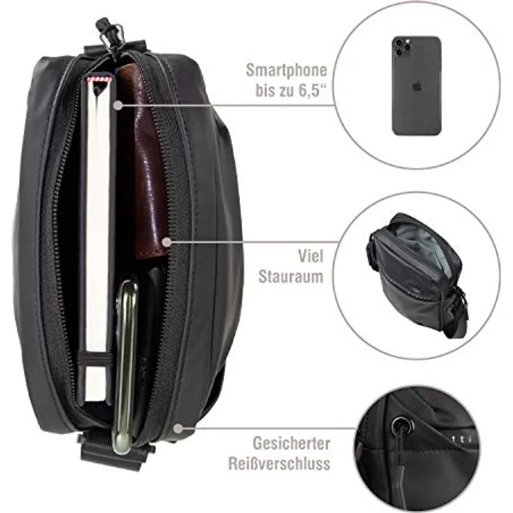 bugatti Blanc kleine Crossover-Umhängetasche, kompakte Schultertasche mit Reißverschlussfächern, schwarz, 17 x 4,5 x 21 cm – Bild 4