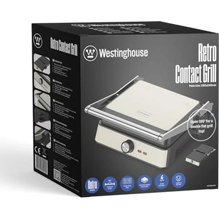 Westinghouse Retro Contact Grill WKCG907WH, 2200 W, Antihaftbeschichtung, höhenverstellbar, 29 x 24 cm Grillfläche – Bild 7
