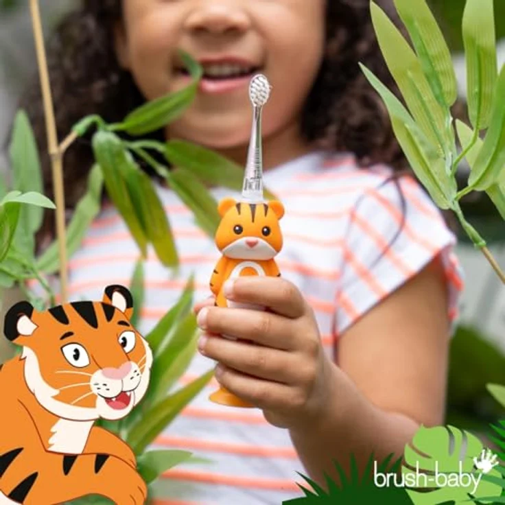 Brush-Baby WildOnes Toby Tiger, Elektrische wiederaufladbare Zahnbürste mit 2-Minuten-Timer, USB-Ladekabel, wasserdicht, für Kinder von 0-10 Jahren, inklusive 2 Ersatzbürstenköpfen – Bild 9