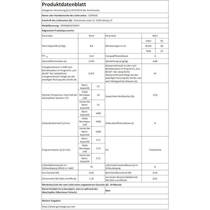 Gorenje WPNA84SATSWIFI Waschmaschine, 8 kg, 1400 U/Min, A, WiFi, Knitterschutz, Slim 46,5 cm, Weiß – Bild 16