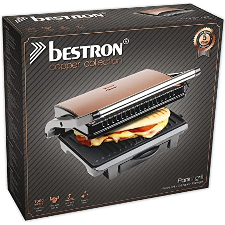 Bestron Antihaftbeschichteter Sandwich--Panini-Kontaktgrill, Mit Auffangschale, 1000 W, Kupfer – Bild 4