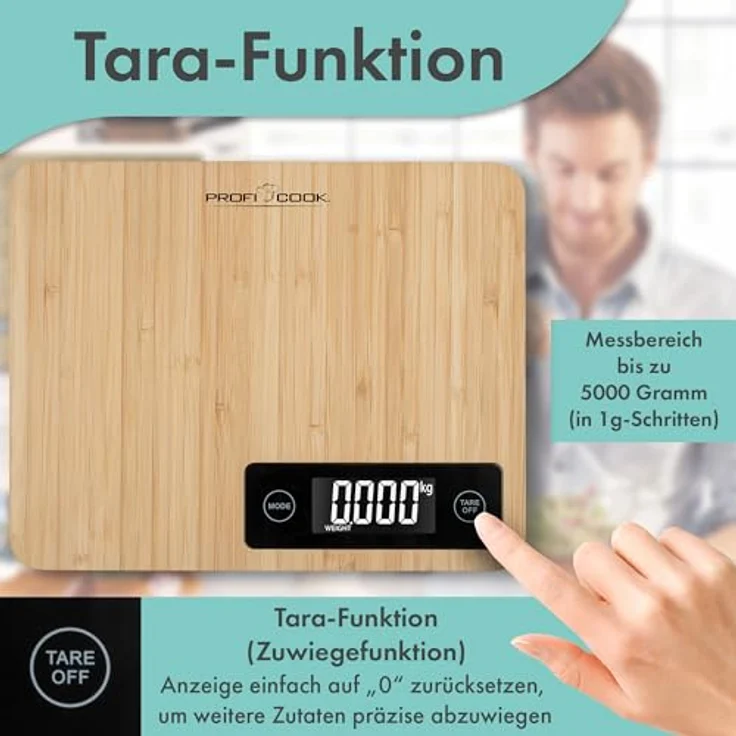 ProfiCook® präzise Küchenwaage aus 100 Prozent Bambus | Waage mit einbestellbaren Maßeinheiten & LCD-Display | Küchenwaage digital mit Messbereich bis zu 5000g & Tara-Funktion | PC-KW 1271 – Bild 5