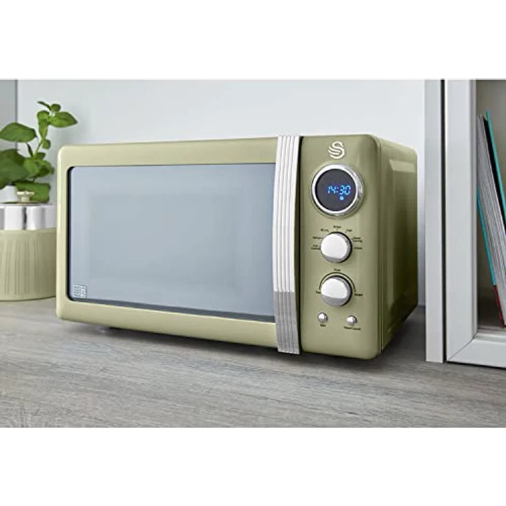 Swan Retro SM22030GNEU Digital Mikrowelle 20L, 5 Leistungsstufen, Auftaufunktion, 60 Minuten Timer, Tür mit Spiegeleffekt, 27cm Drehteller, Vintage Design, Grün, 800W – Bild 3