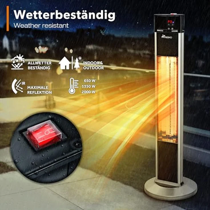 TRESKO Infrarot Stand-Heizstrahler 2000W mit Fernbedienung | Wärmestrahler Terrasse elektrisch mit 3 Heizstufen | Terrassenstrahler Innen & Außen | Infrarotstrahler mit LED-Anzeige - Preisvergleich – Bild 4