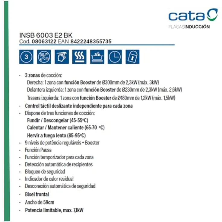 Cata Gas-Kochfeld Cata INSB6003E2BK, Induktionskochfeld 60 cm 7100 W, Schwarz – Bild 3