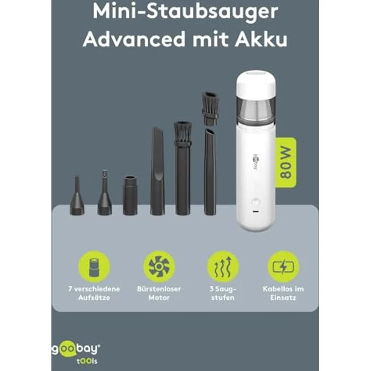 Goobay Tools Mini-Staubsauger Advanced, 6000mAh akkubetriebener Handstaubsauger, beutellos, USB-C, 80W, weiß – Bild 2