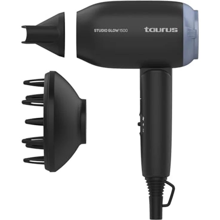 Taurus Studio Glow 1500, Haartrockner mit 1400 Watt, drei Wärmestufen, zwei Gebläsestufen, einklappbarer Griff, Schwarz – Bild 1