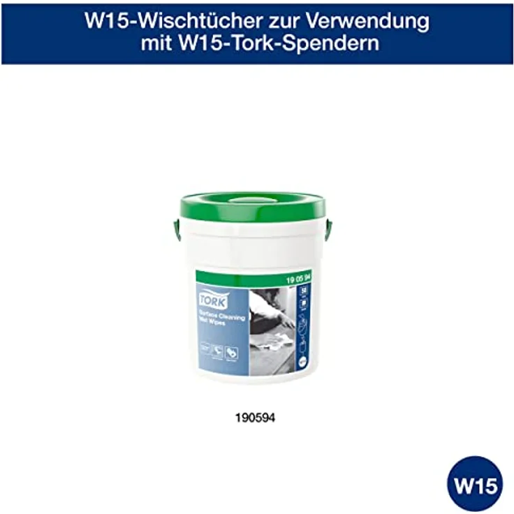 Tork Feuchte Oberflächenreinigungstücher im Spendereimer Weiß W15, Starke Struktur, 4 × 58 Tücher, 190594 – Bild 2