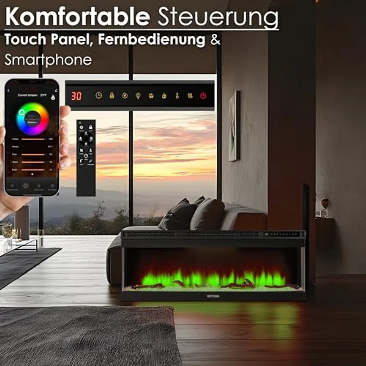 Echos Elektrokamin 1500 W | 13 realistische Flammeneffekte | Wandmontage oder Einbau, schwarz – Bild 7