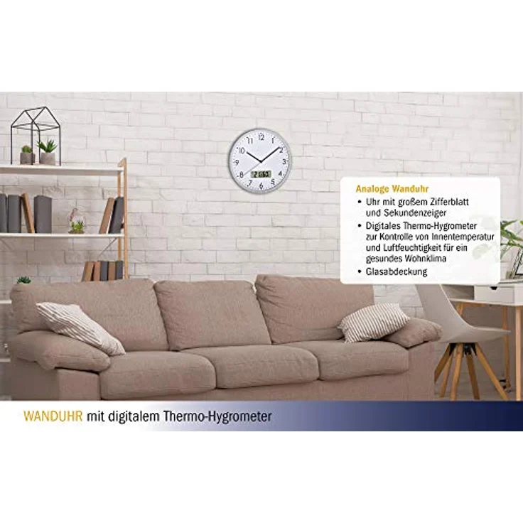 TFA Dostmann Analoge Wanduhr mit digitalem Thermometer und Hygrometer, zur Raumklimakontrolle, Glas, Weiß, Ø 302 x H 47 mm – Bild 3