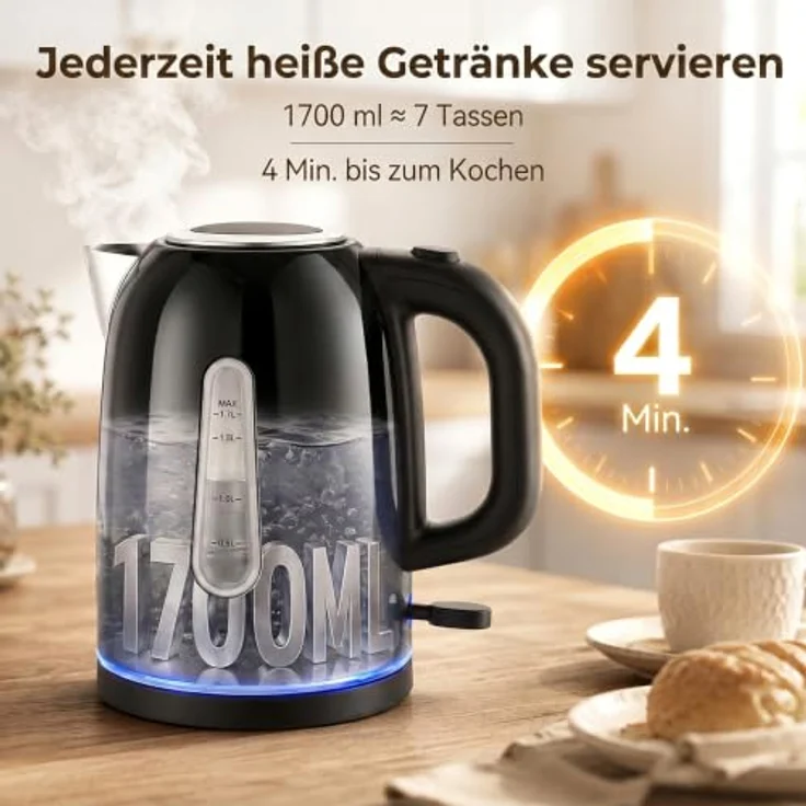 HOMCOM Wasserkocher und Toaster Set, Schnellkoch-Wasserkocher 1,7 l und 4-Scheiben-Toaster, Schwarz – Bild 3