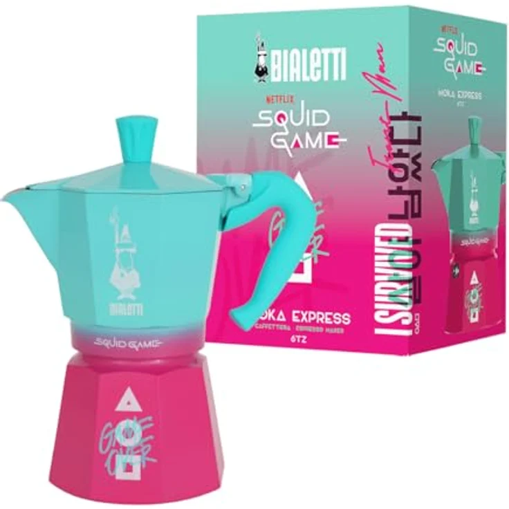 Bialetti Moka Express 6tz Squidgames, Espressokocher in Pink, Grün und Weiß mit geometrischen Details und "Game Over" Aufschrift – Bild 1