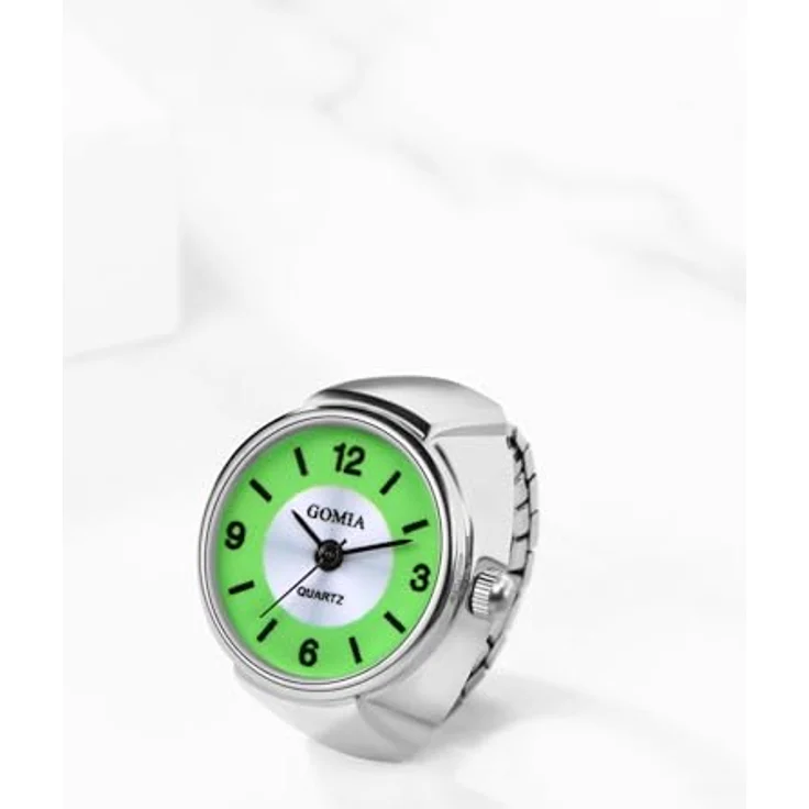 JewelryWe Ringuhr Damen, Elastische Analog Quarz Fingerringuhr mit grünem Zifferblatt und Legierungsband, 10m wasserdicht – Bild 2
