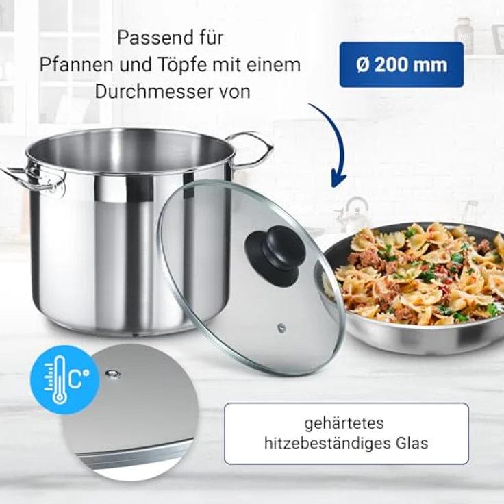 VIOKS Glasdeckel 200mmØ, Topfdeckel mit Knopfgriff und Edelstahlschutzrand für Töpfe und Pfannen – Bild 3