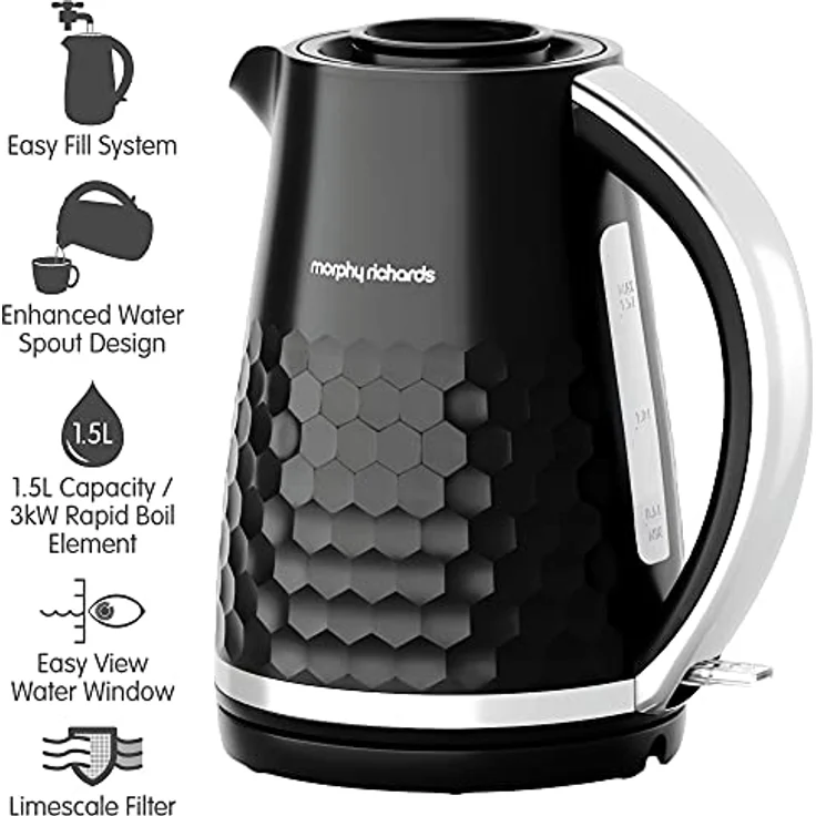 Morphy Richards Hive Wasserkocher 1,5 l, Easy Fill Technologie, 3 kW für schnelles Kochen, 360-Grad-Basis, Kalkfilter, schwarzes Design, 108271 – Bild 2