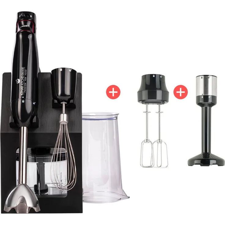 KeMar Kitchenware KSM-1000 Stabmixer-Set, 1000 W, 17.000 U/min, titanbeschichtete Klinge, schwarz/eleganter Edelstahl, inkl. Messbecher und Aufbewahrungsständer